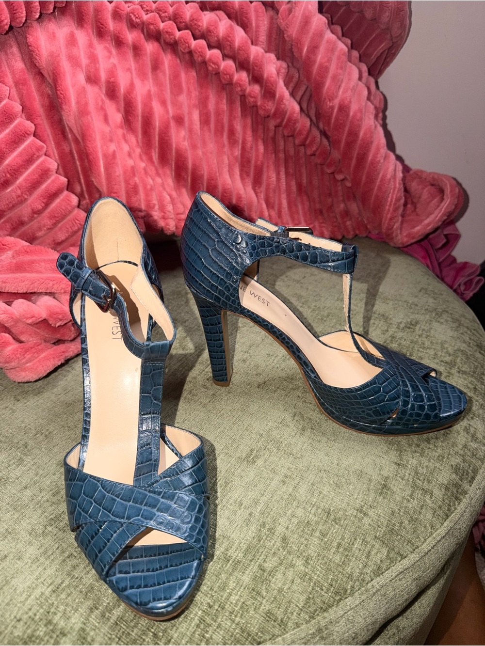 Nine West blue crocodile-embossed leather T-strap high heels